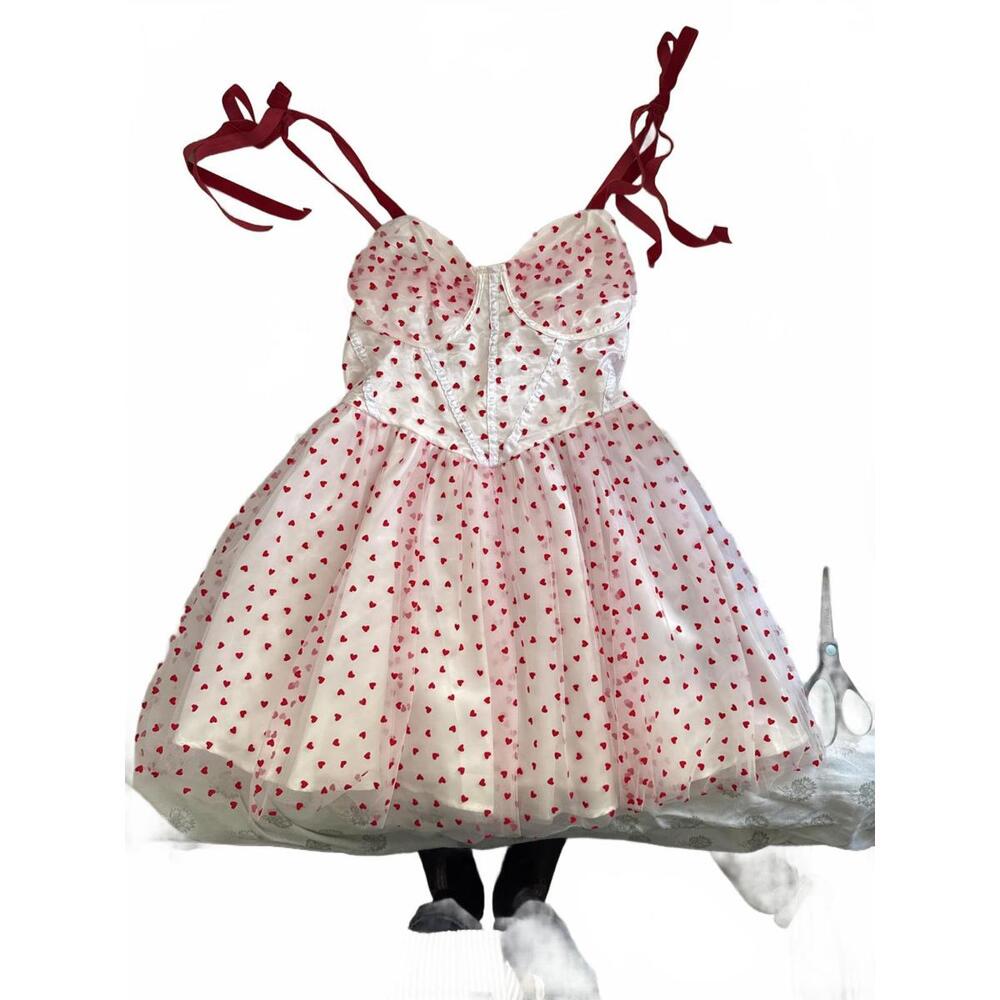 Red Velvet Heart Print Dress w/ Velvet Straps